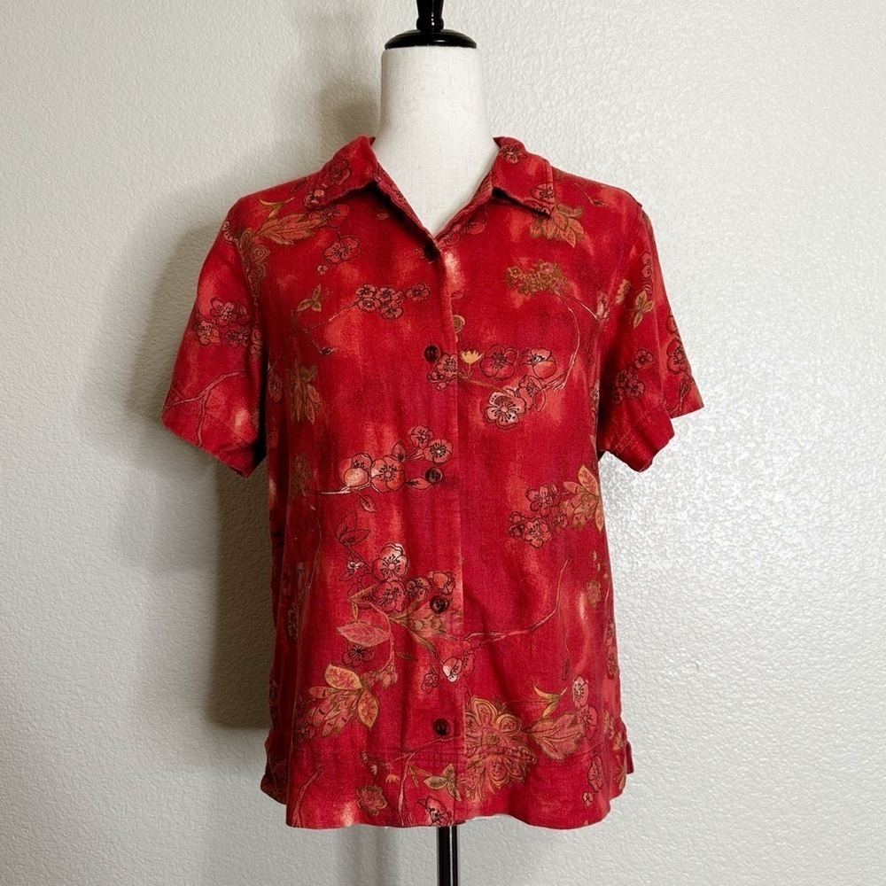 Columbia Linen Blend Red Floral Button Down Women's Shirt, Sz Medium